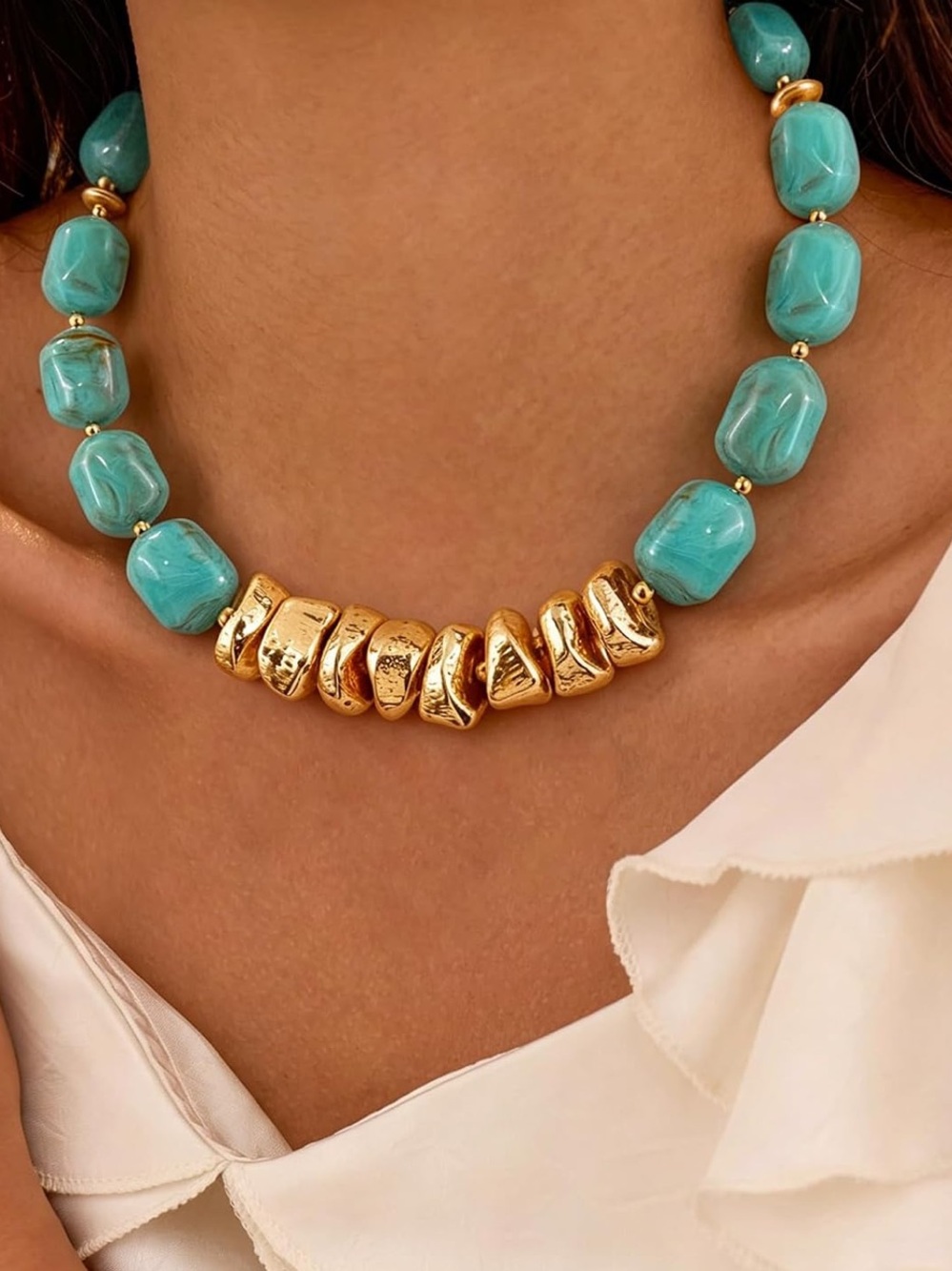 Turquoise Beaded Statement Necklace | Gold Accent Chunky Necklace | Boho Chic